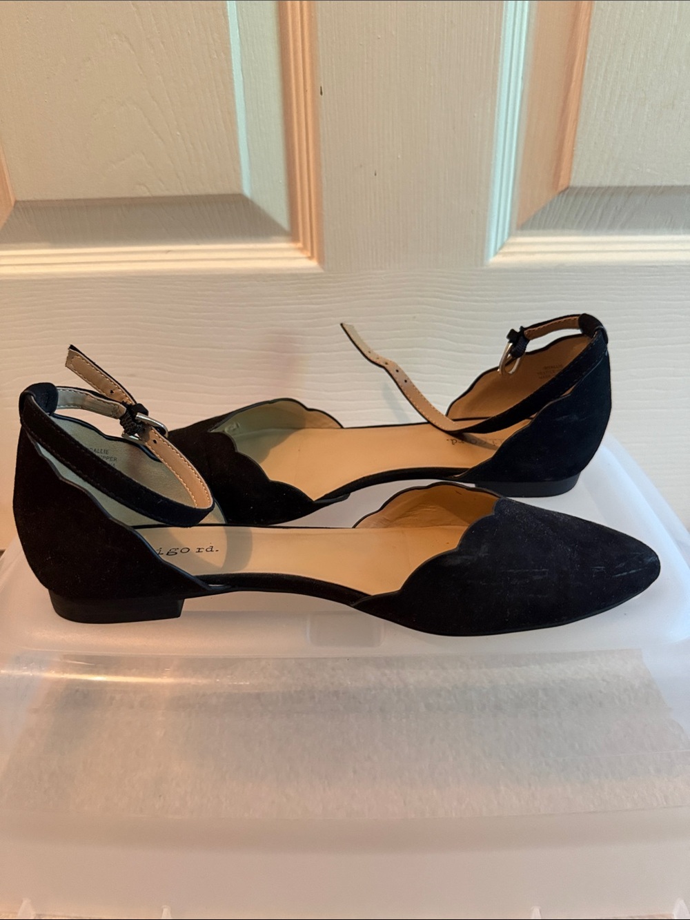 Indigo Black Scalloped Pointed-Toe D'Orsay Flats with Ankle Strap